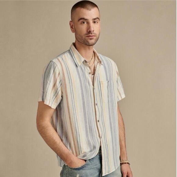 Lucky Brand Men’s Linen Blend Shirt Short Sleeve San Gabriel Blue Stripe Sz XL - Picture 6 of 9